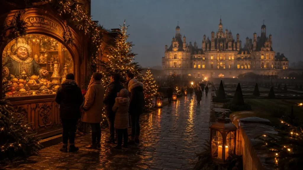 Chambord noel 2025 : allée illuminée et vitrine Gargantua devant le château
