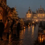 Chambord noel 2025 : allée illuminée et vitrine Gargantua devant le château