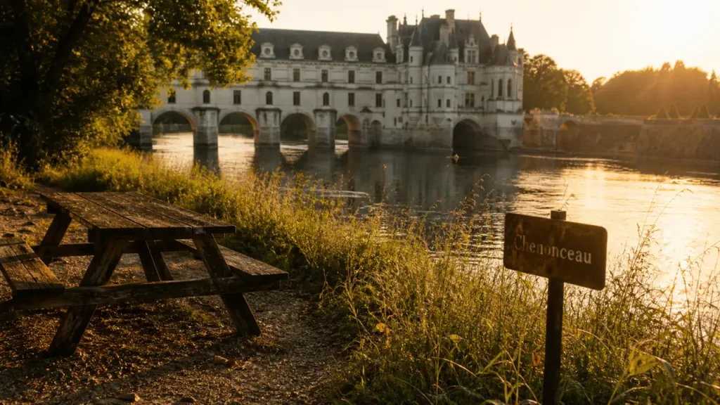 Châteaux Touraine Chenonceau au bord du Cher, vue en golden hour