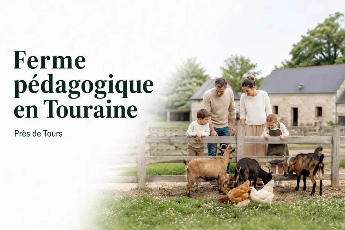 Famille dans une ferme pedagogique tours en Touraine avec chèvres et poules