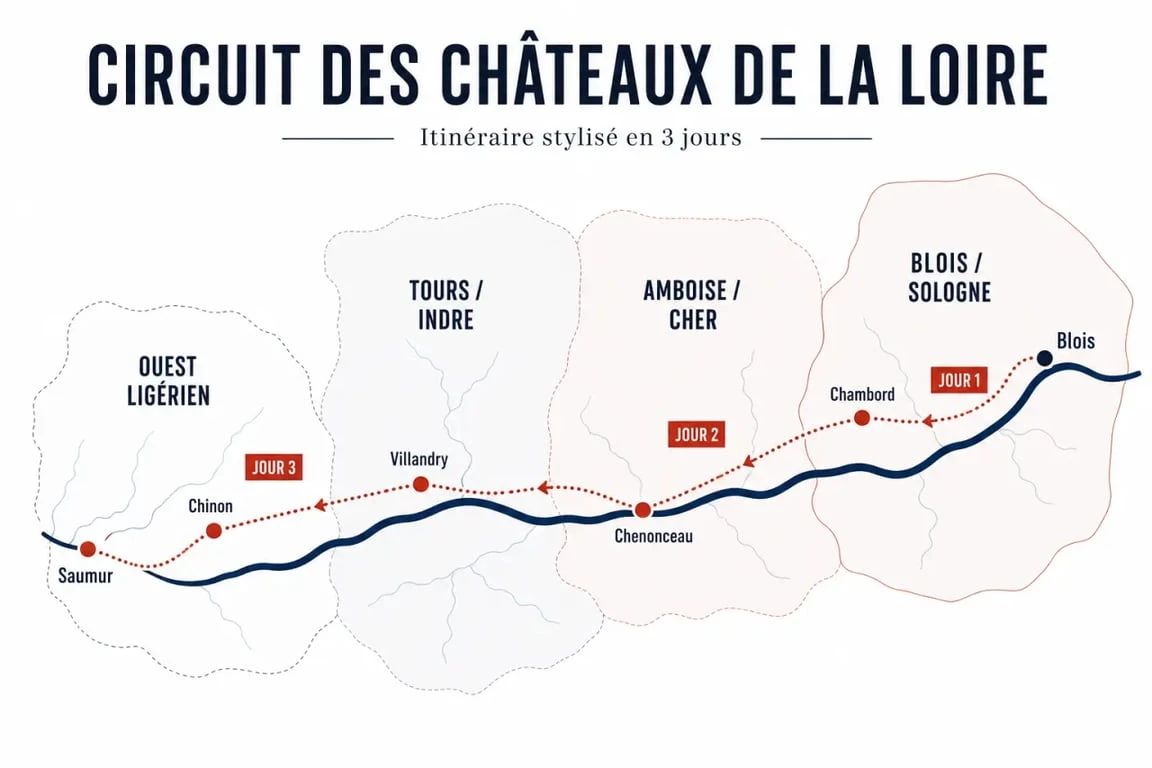 Circuit chateau de la loire carte des grandes étapes entre Blois, Amboise et Tours
