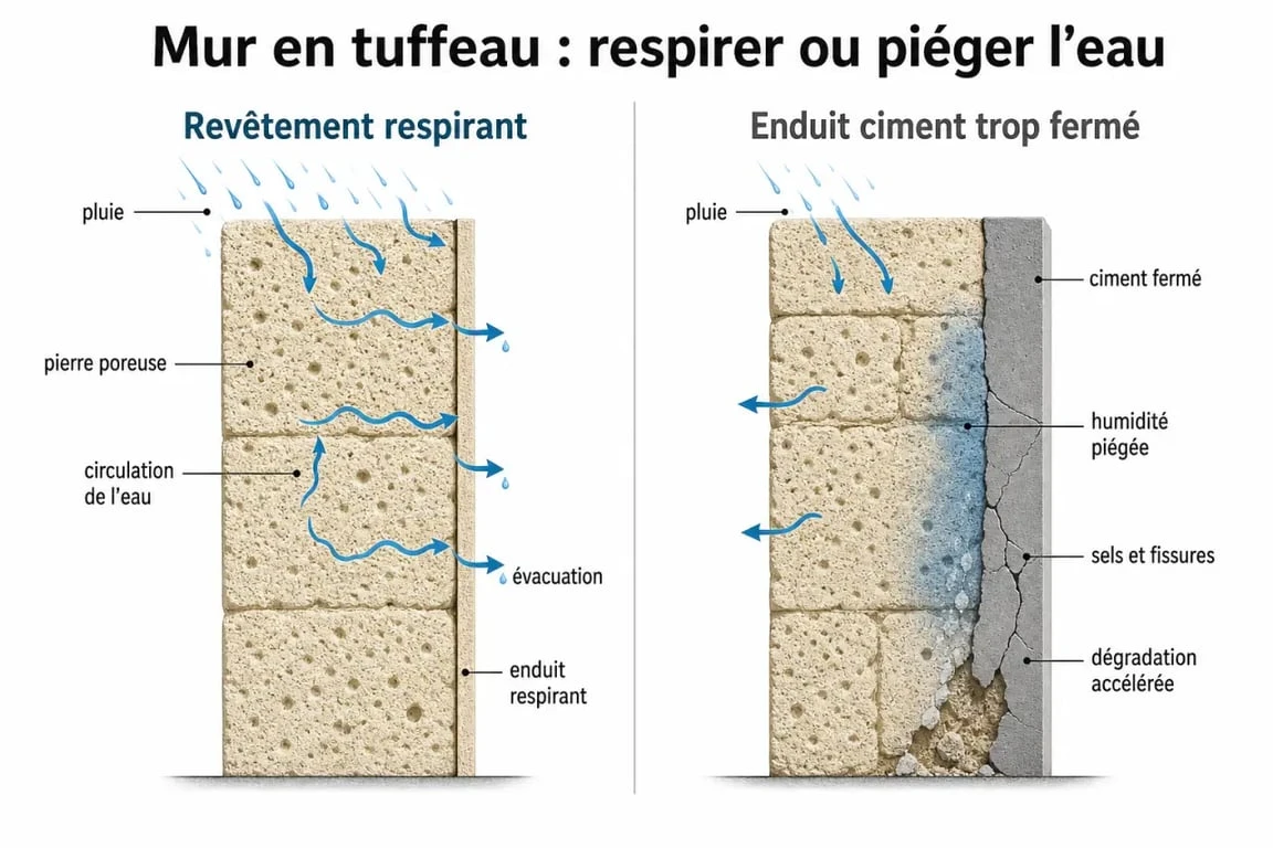 Maison en tuffeau : schéma de l’humidité dans la pierre et des effets d’un enduit inadapté
