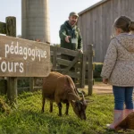 Ferme pedagogique tours : enfant avec un éducateur et une chèvre près des enclos