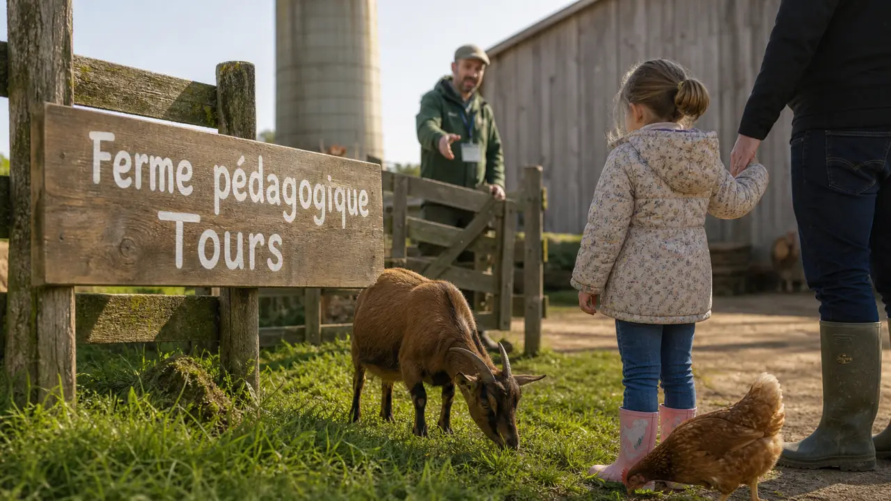 Ferme pedagogique tours : enfant avec un éducateur et une chèvre près des enclos
