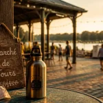 Fetes en touraine ce week end : panneau près d’une halle, Loire en arrière-plan