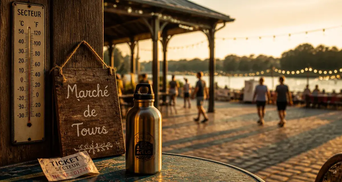 Fetes en touraine ce week end : panneau près d’une halle, Loire en arrière-plan