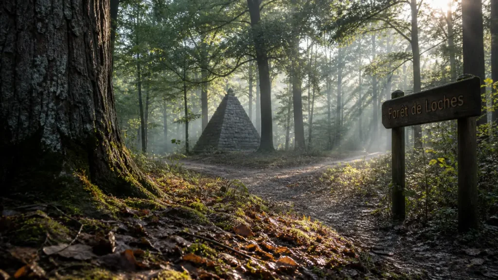 Forêt de loches : allée brumeuse avec pyramide de pierre