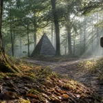 Forêt de loches : allée brumeuse avec pyramide de pierre