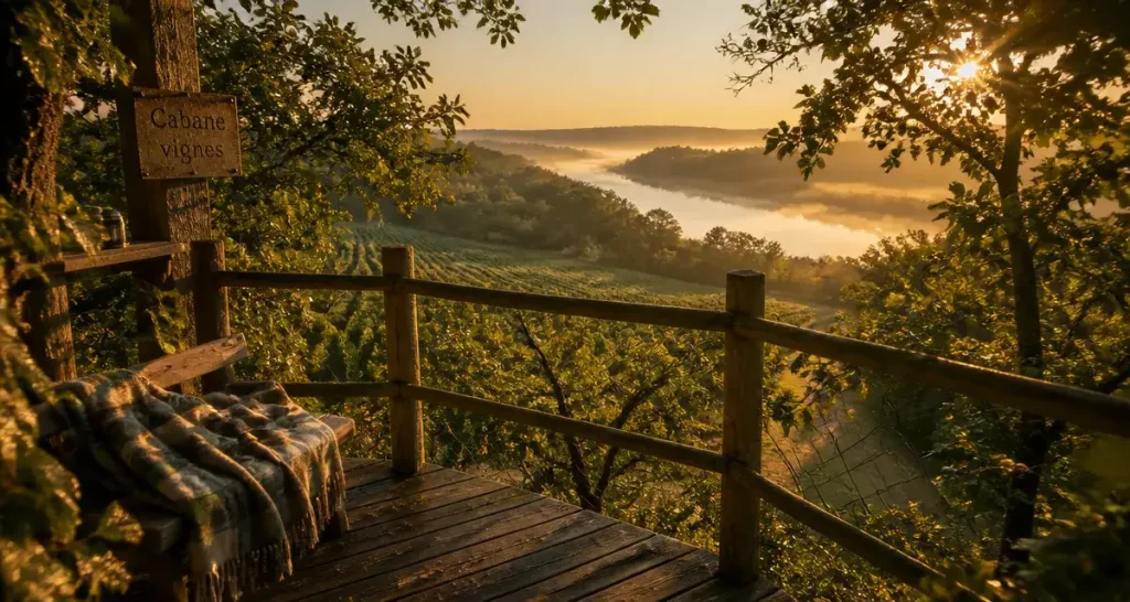 Hébergement insolite en Touraine : cabane vignes à la golden hour