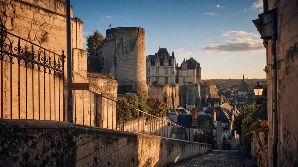 Loches chateau : donjon et logis royal sur remparts à la golden hour