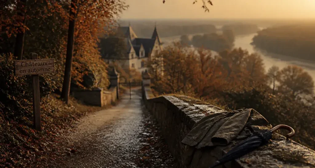 Que faire en Touraine pendant les vacances de la Toussaint : château d’automne au bord d’un chemin humide.