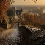 Que faire en Touraine pendant les vacances de la Toussaint : château d’automne au bord d’un chemin humide.