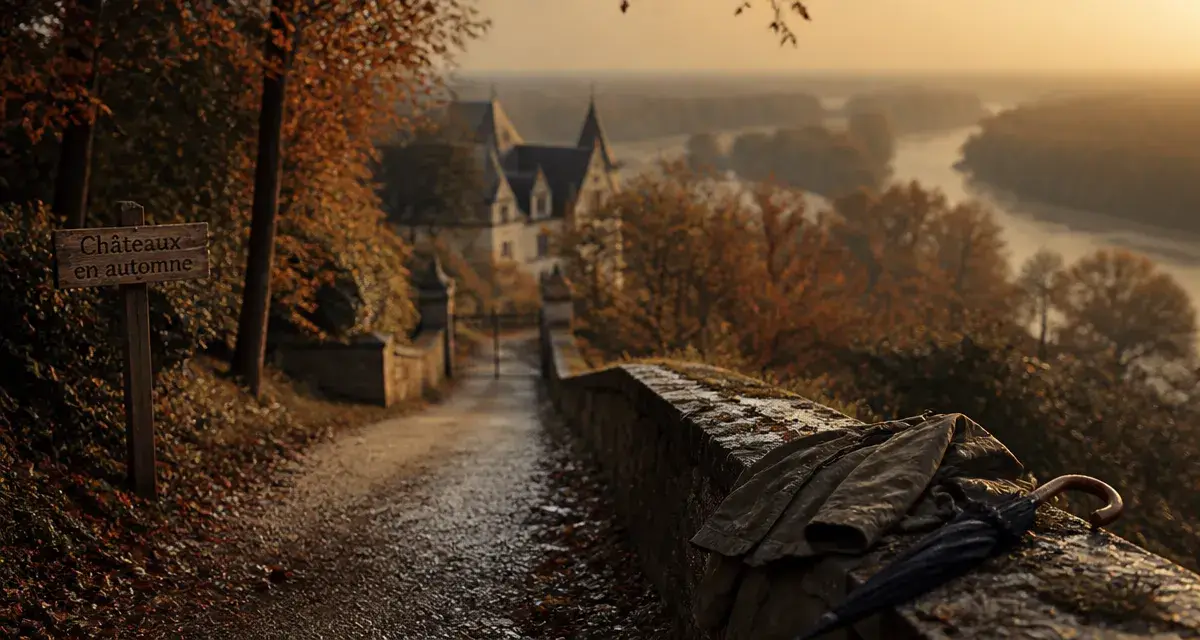 Que faire en Touraine pendant les vacances de la Toussaint : château d’automne au bord d’un chemin humide.