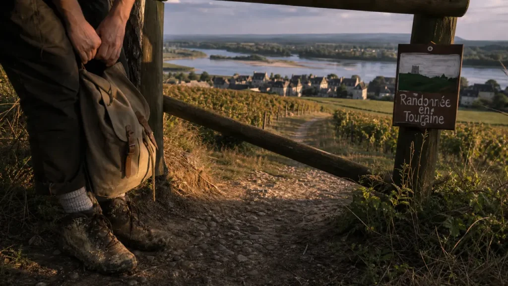 Randonnée touraine : chaussures dans un sentier de terre vers les vignes et la Loire