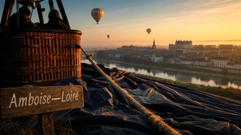 Touraine montgolfiere au-dessus de la Loire, vue depuis la nacelle, coucher du soleil