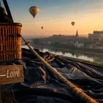 Touraine montgolfiere au-dessus de la Loire, vue depuis la nacelle, coucher du soleil