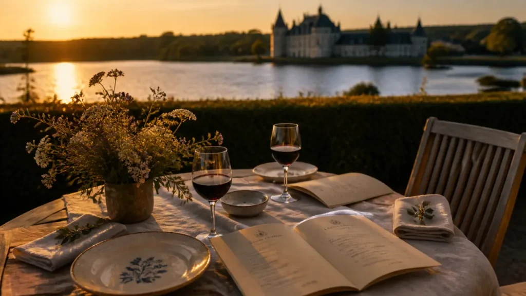 Week end romantique Touraine : table de jardin et Loire au coucher du soleil