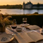 Week end romantique Touraine : table de jardin et Loire au coucher du soleil