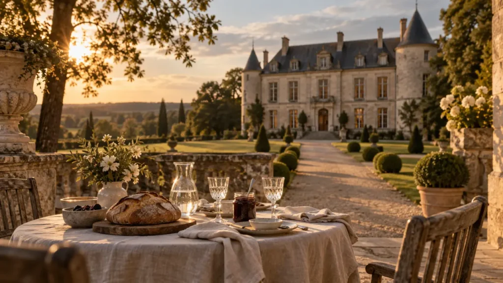Chambres d hôtes château, terrasse au coucher du soleil vers un château du XVIIIe siècle