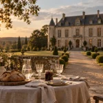Chambres d hôtes château, terrasse au coucher du soleil vers un château du XVIIIe siècle