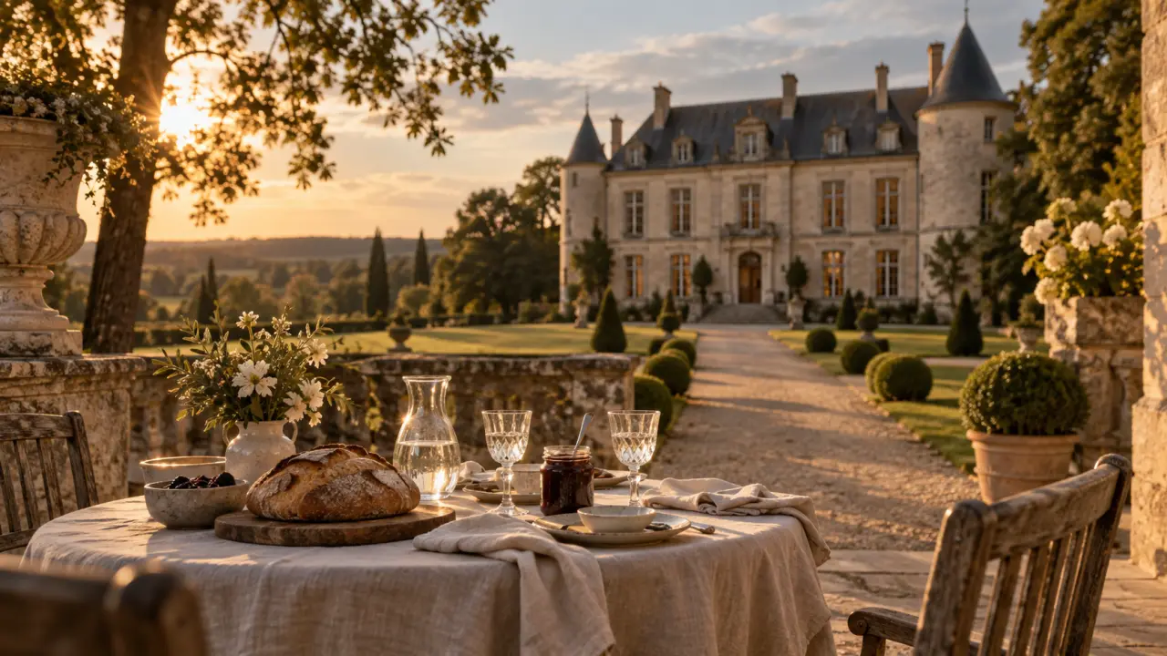Chambres d hôtes château, terrasse au coucher du soleil vers un château du XVIIIe siècle