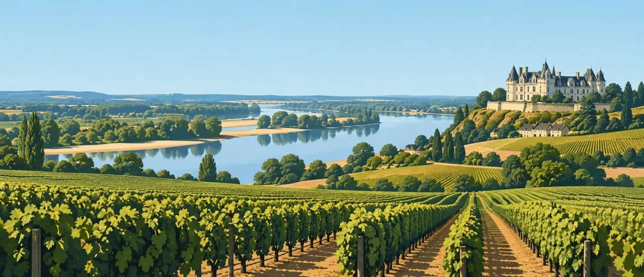 Route des vignobles de Touraine dans le Val de Loire entre vignes et château