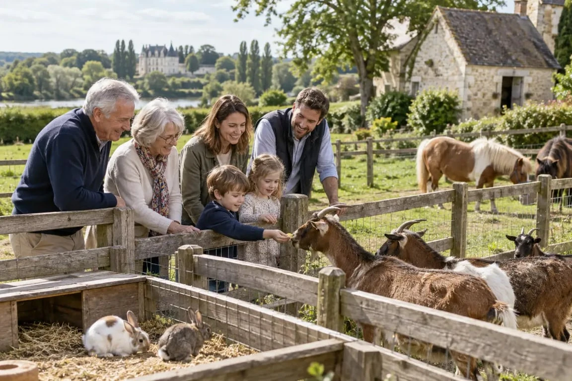 Famille découvrant une ferme à visiter à Tours avec des chèvres et des poneys