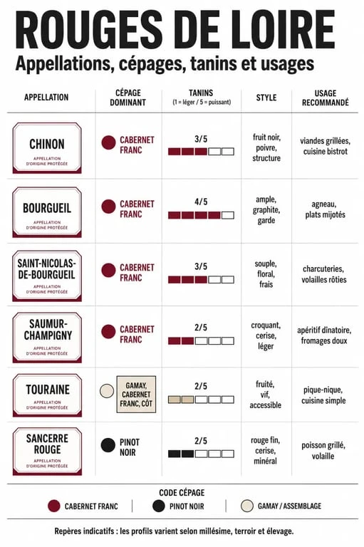 Tableau éditorial sur le vin de loire rouge avec appellations, cépages et styles