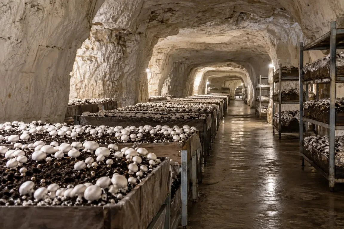 Culture de champignons dans la cave champignonnière des Roches, ville souterraine de Bourré