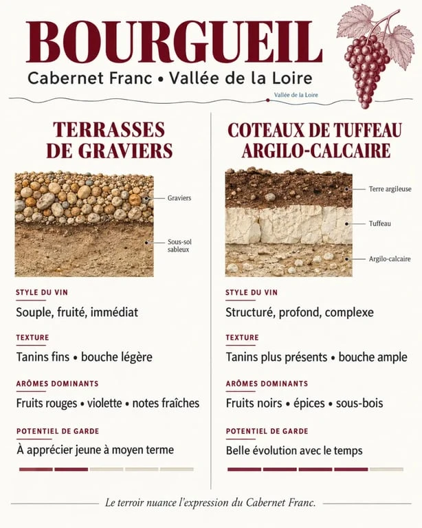 Infographie comparative des terroirs et styles du vin de Bourgueil