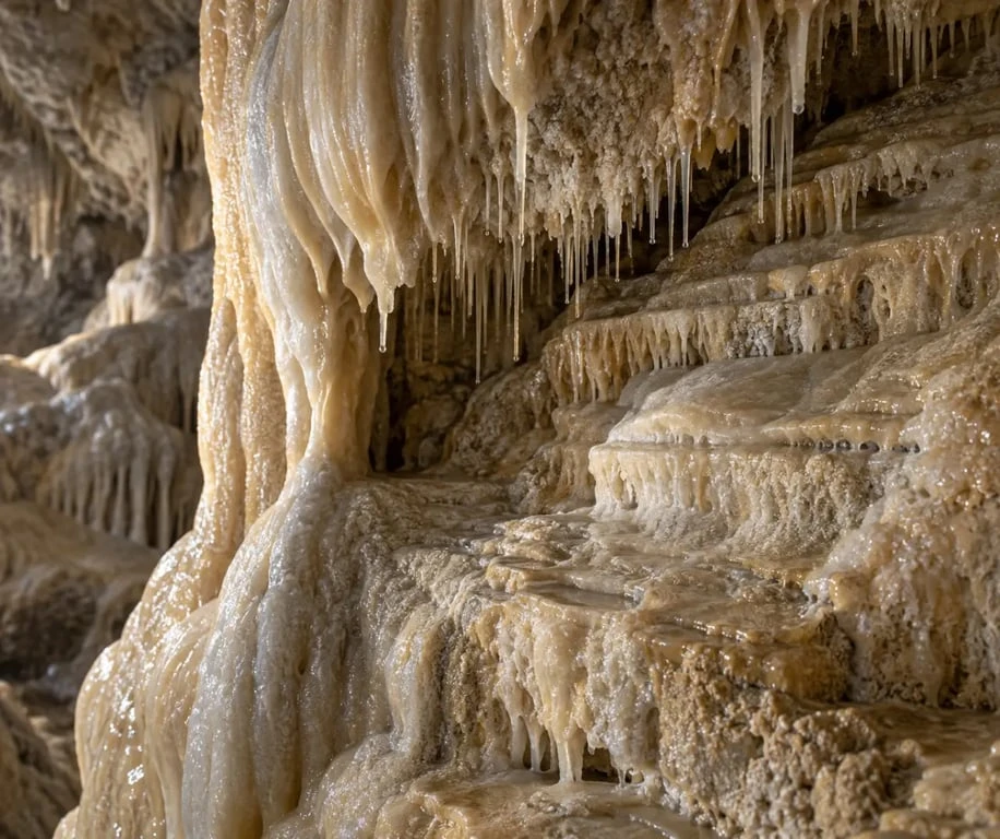 Détails de calcite et de concrétions dans les Grottes Pétrifiantes de Savonnières