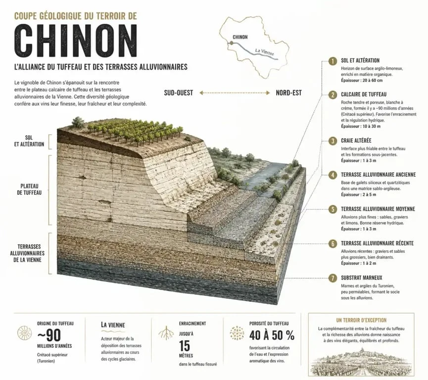 Schéma géologique des sols de l'appellation Chinon