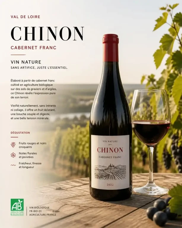 Bouteille et verre de vin nature de Chinon dans un vignoble