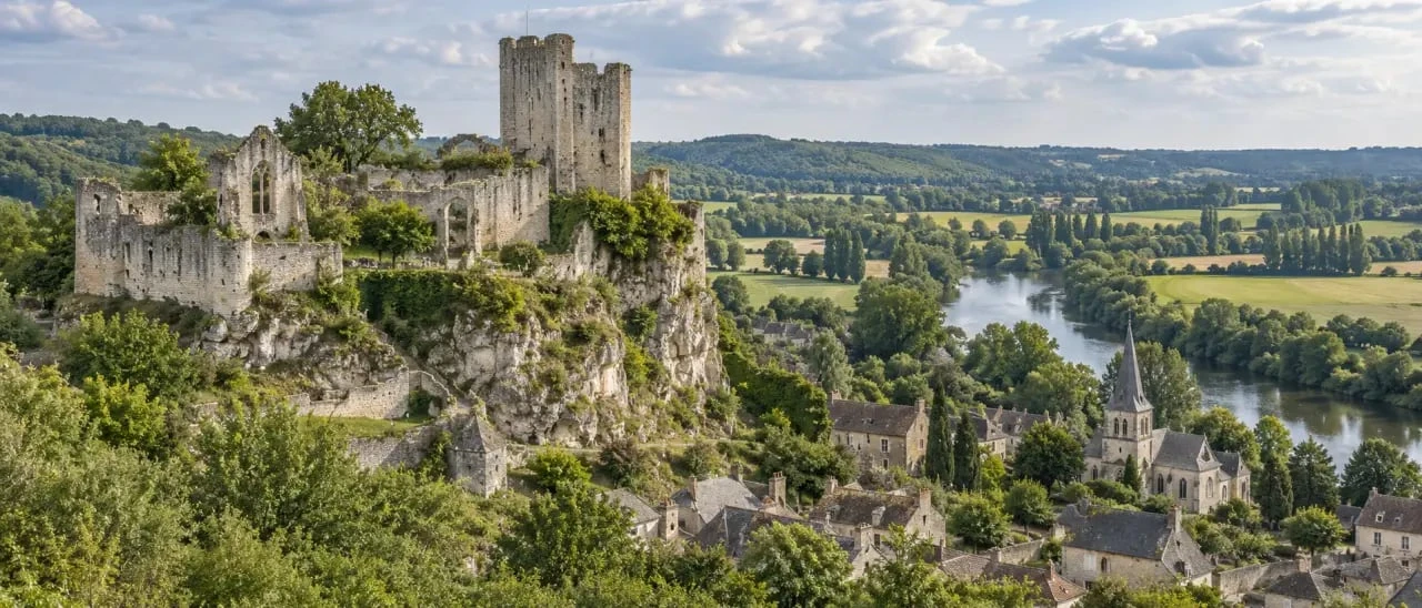 Château de Lavardin en ruines dominant le village et la vallée du Loir