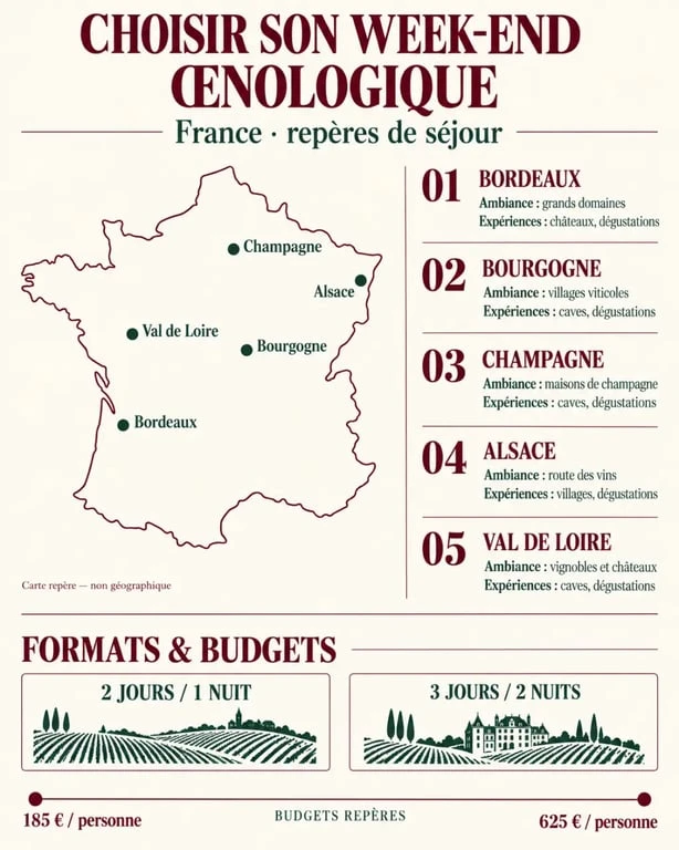 Infographie des destinations, budgets et expériences pour un week end oenologie en France