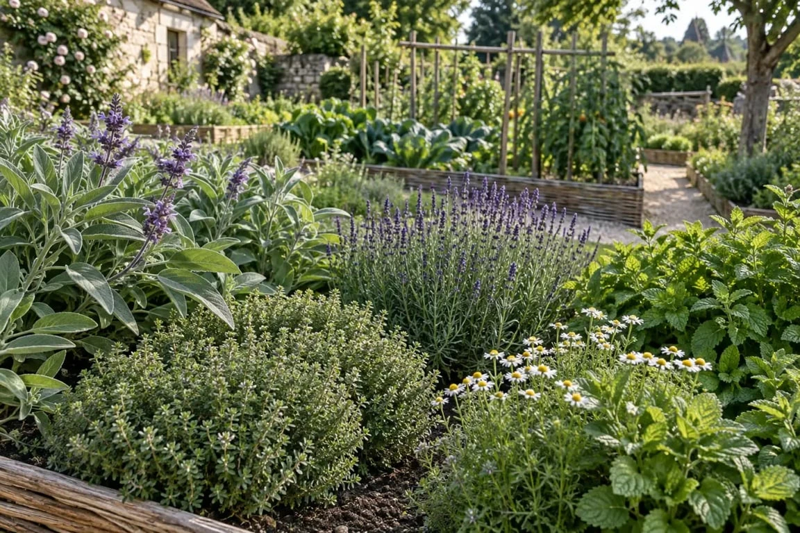 Carré des simples et plantes aromatiques du jardin de curé de Chédigny