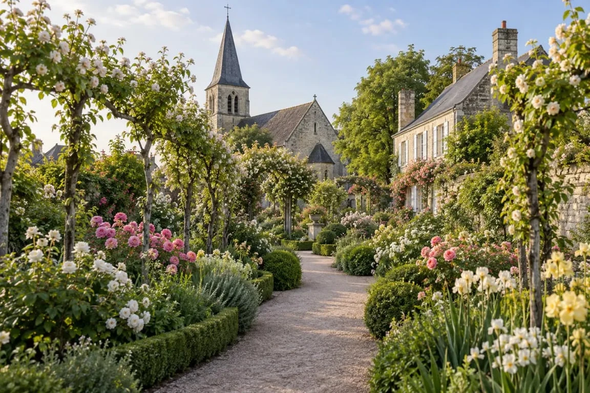 Vue d’ensemble du jardin de curé de Chédigny avec rosiers et fruitiers palissés