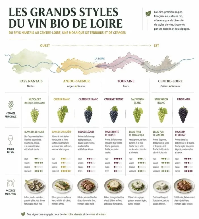 Infographie des styles et appellations du vin bio Loire selon les régions, cépages et accords mets-vins