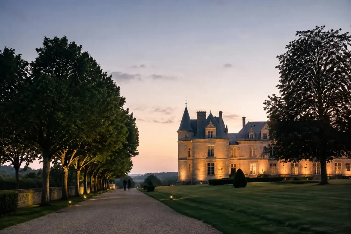 Week end amoureux dans un château : château-hôtel romantique au crépuscule avec allée arborée et couple en promenade