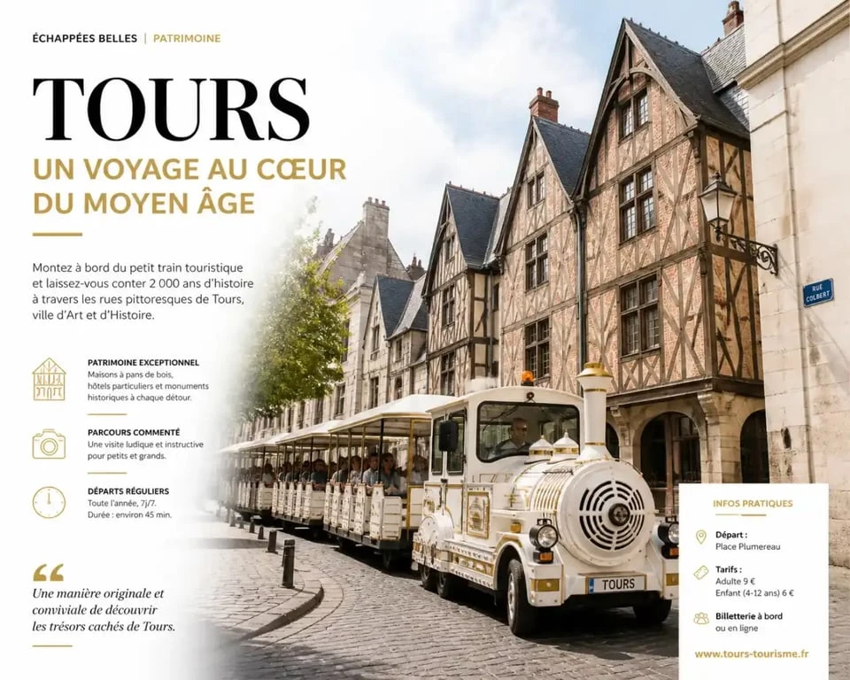 Petit train touristique visitant les rues historiques de Tours