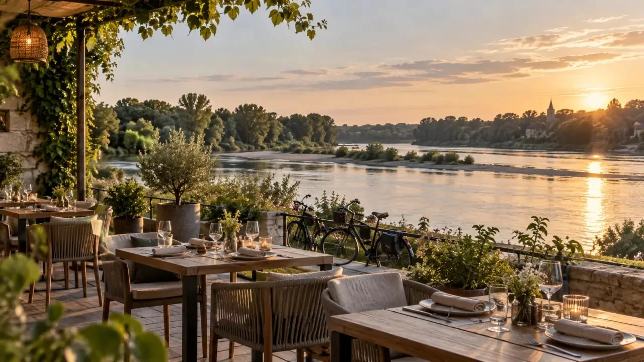 Restaurant bord de Loire avec terrasse face au fleuve et vélos à proximité