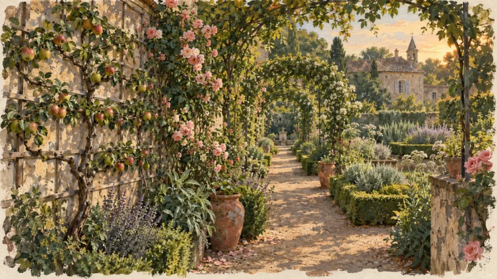 Jardin de curé de Chédigny, fruitier palissé et nef végétale de roses.