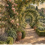 Jardin de curé de Chédigny, fruitier palissé et nef végétale de roses.