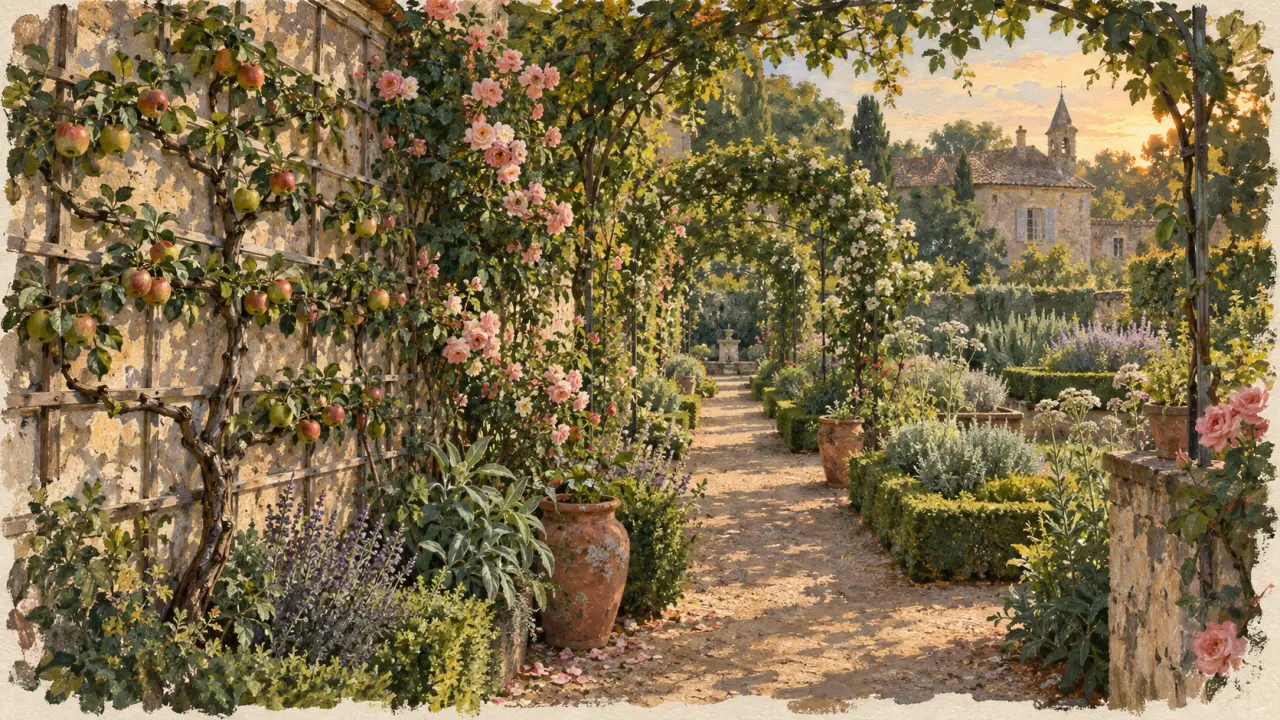 Jardin de curé de Chédigny, fruitier palissé et nef végétale de roses.