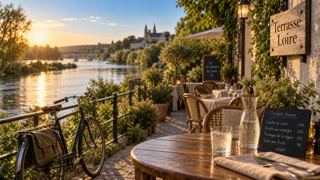 Restaurant bord de loire au bord du fleuve, terrasse vue et ambiance