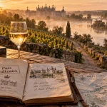 Tourisme val de loire touraine : table sur terrasse surplombant la Loire, carnet de voyage et châteaux