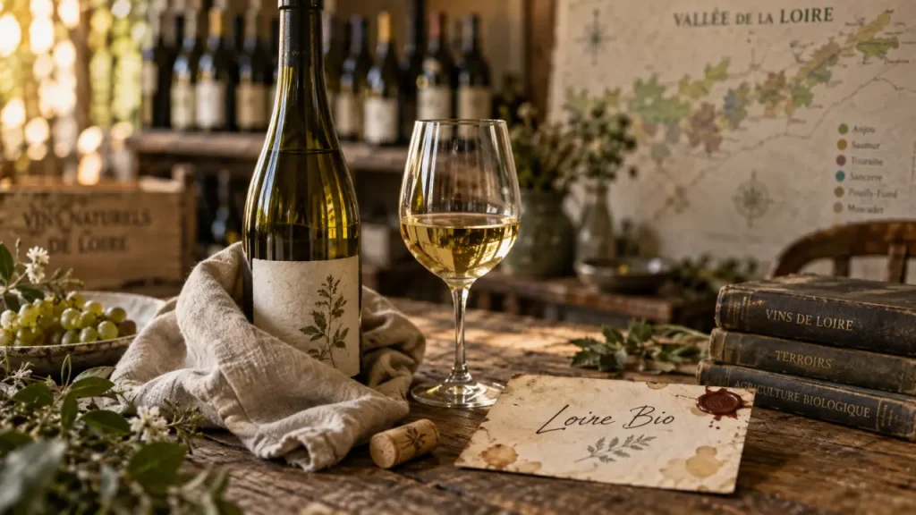 Vin bio Loire : bouteilles Muscadet Chinon Sancerre sur table
