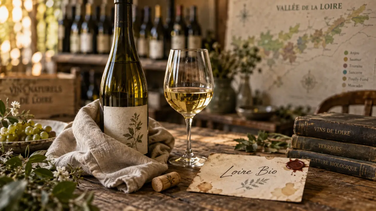 Vin bio Loire : bouteilles Muscadet Chinon Sancerre sur table