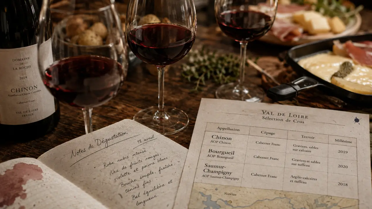 Vin de Loire rouge : verres et bouteille à Chinon, Bourgueil, Saumur-Champigny