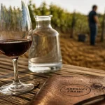 Vin nature chinon au Cabernet Franc, table en chêne, vignes en arrière-plan
